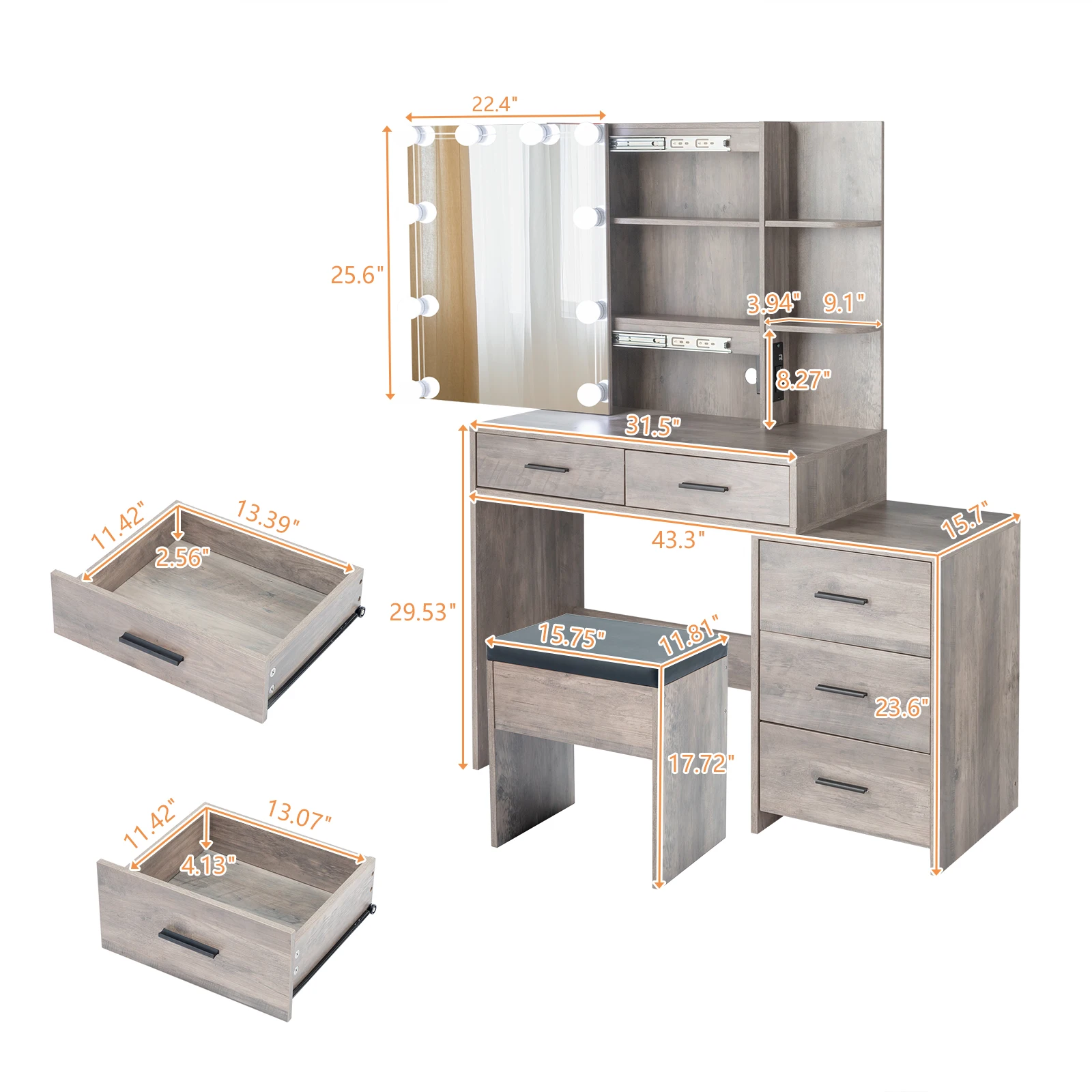 Particleboard Triamine Veneer 5 Pumps 2 Shelves Mirror Cabinet Three Dimming Light Bulb Dressing Table Set Grey