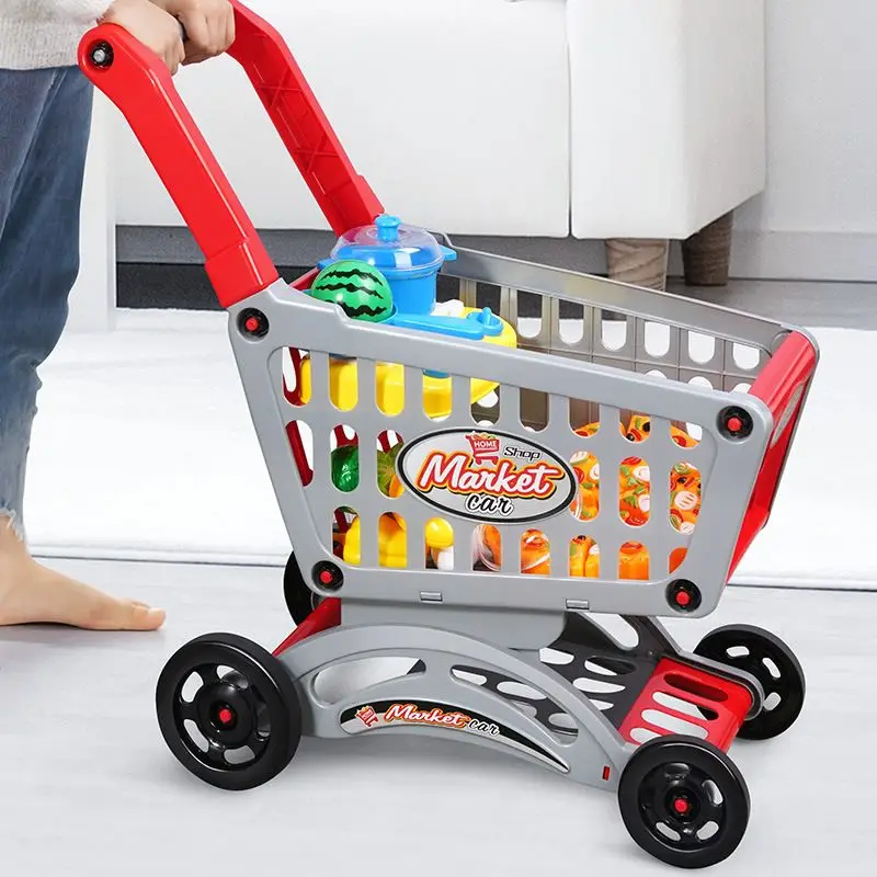 Pink Shopping Trolley Cart Supermarket Trolley Push Car Toys Basket Mini Simulation Fruit Food Pretend Play Toy for Children