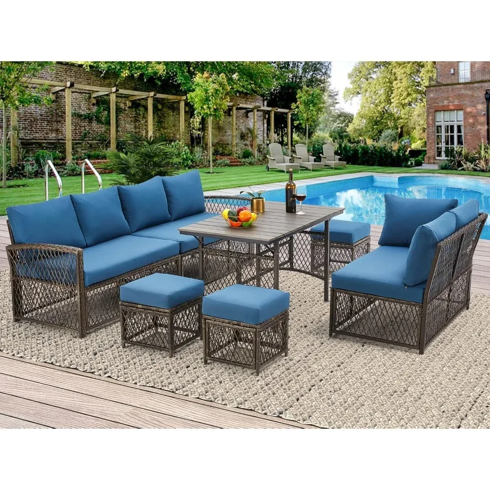 Patio Furniture Set, Outdoor Patio Furniture with Dining Table&Chair, 7 Pieces All Weather Wicker Conversation Set with Ottoman