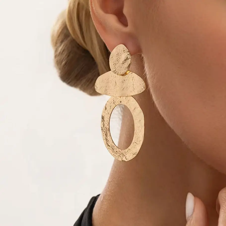 SHIXIN Vintage Gold Color Geometric Oval Hollow Pendant Earring Women Punk Simple Metal Iron Piercing Ear Statement Jewelry Gift