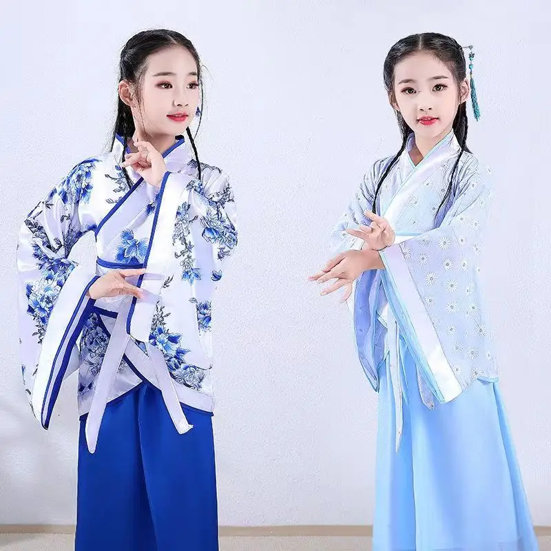 Disfraz de bata de seda China para niñas y niños, Kimono chino tradicional, Vintage, étnico, abanico, estudiantes, coro, baile, Hanfu