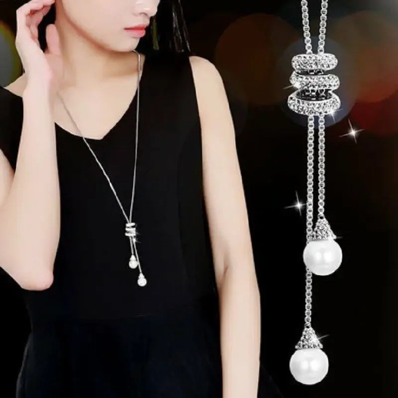 Classic Simple Long Pearl Spiral Adjustable Pendant Necklace for Women Charm Zircon Sweater Chain Exquisite Jewelry Accessories