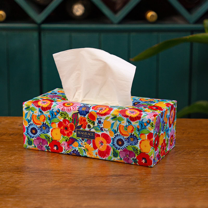 Tissue Box Household Daily Tissue Storage Box Flower Pattern Country Style Tissue Box with Flowers for Tabletop Decoration