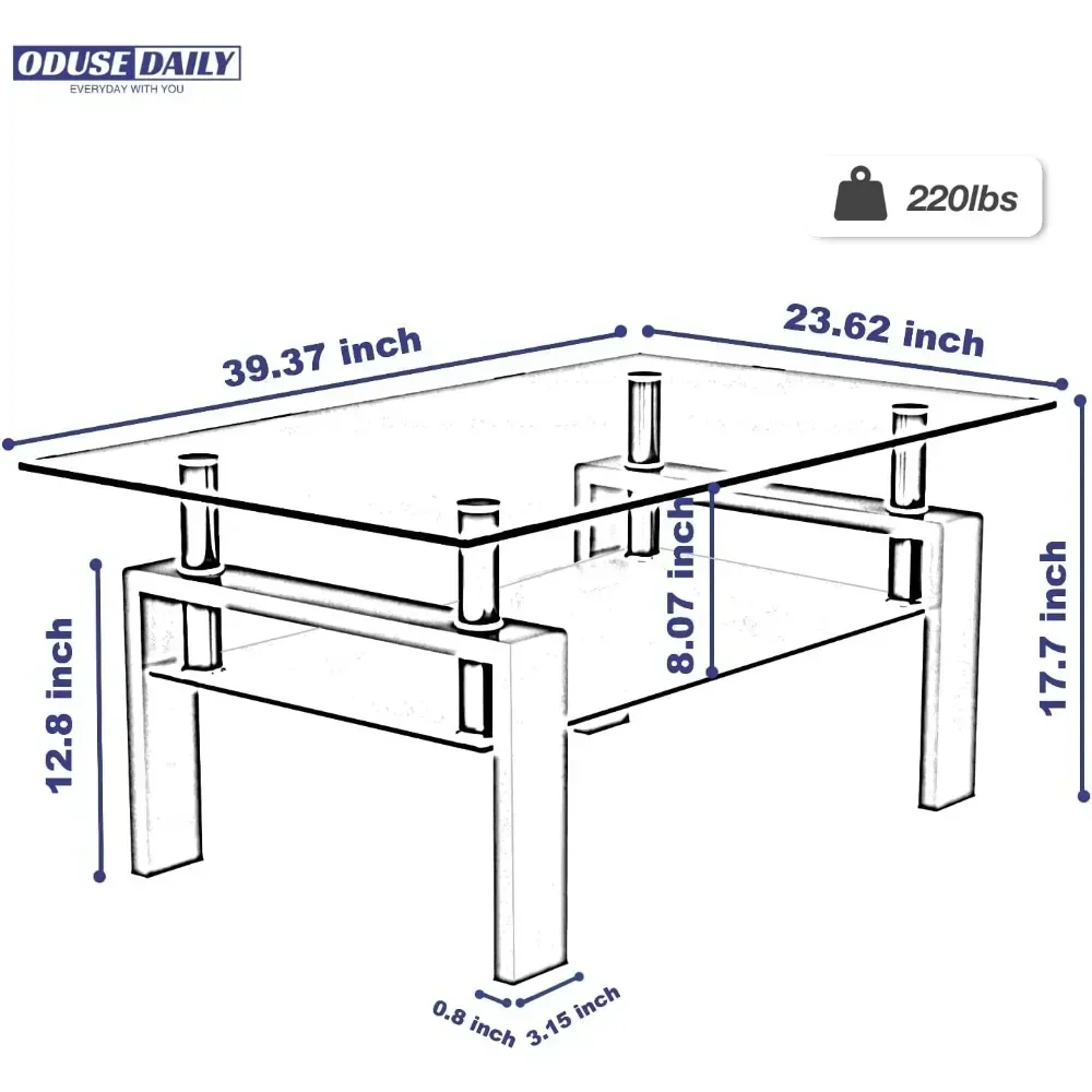 

Morden Design Rectangle Glass Coffee Table for Living Room, with Black Metal Legs, Clear Tempered Glass