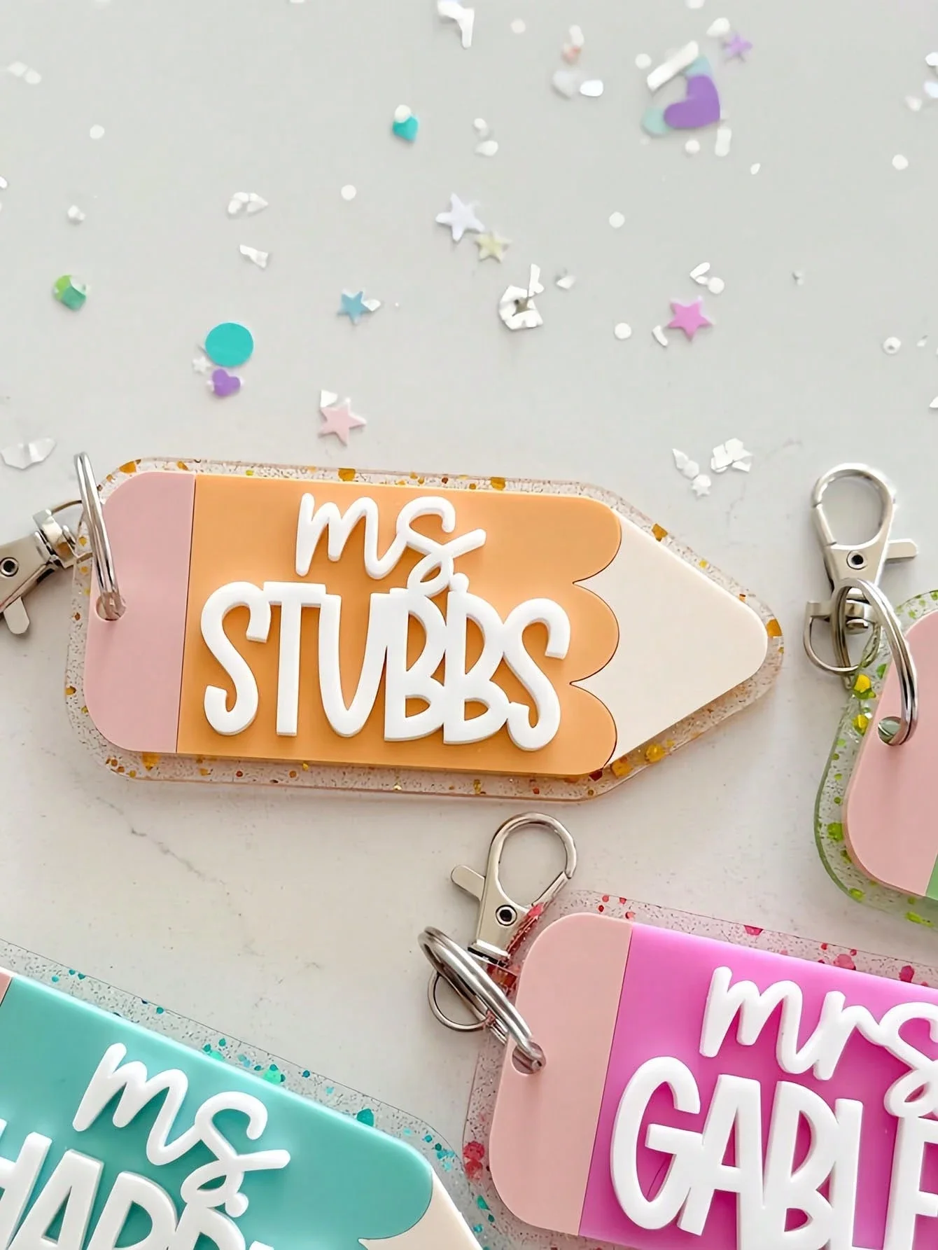 

Glitter Pencil Keychain Teacher Gift Personalized Name Bag Tag Key Ring Accessory