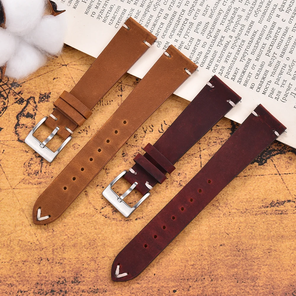 Vintage Stitched Leather Watch Strap 18mm 20mm 22mm Cowhide Leather Watchband For Huawei Watch Belt Quick Release Bracelet
