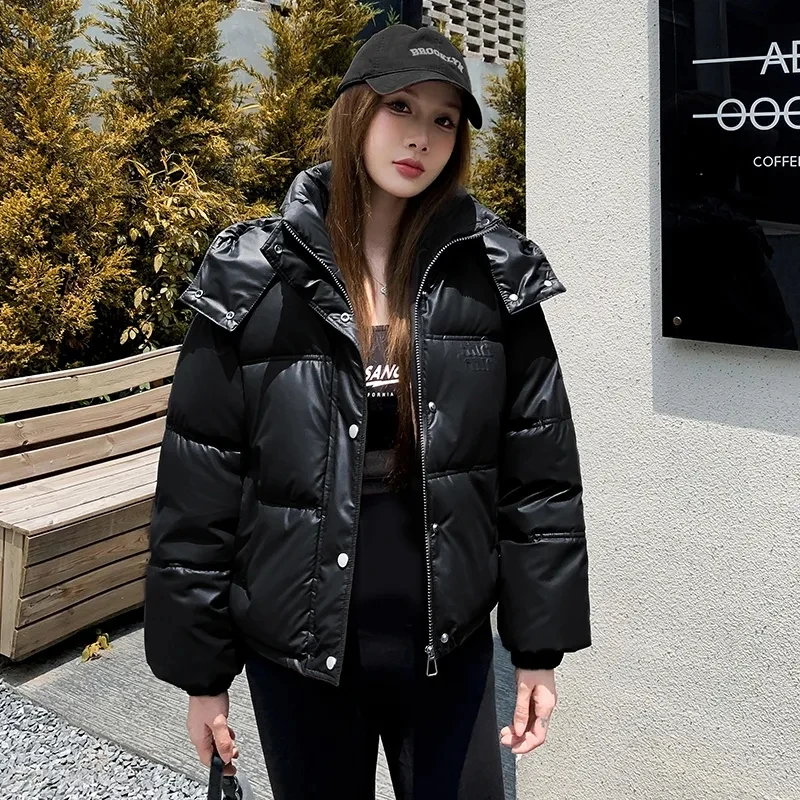 PU Leather Down Cotton Coat Womens 2024 New Winter Jacket Hooded Thicken Parkas Female Loose Short Windproof Waterproof Outwear