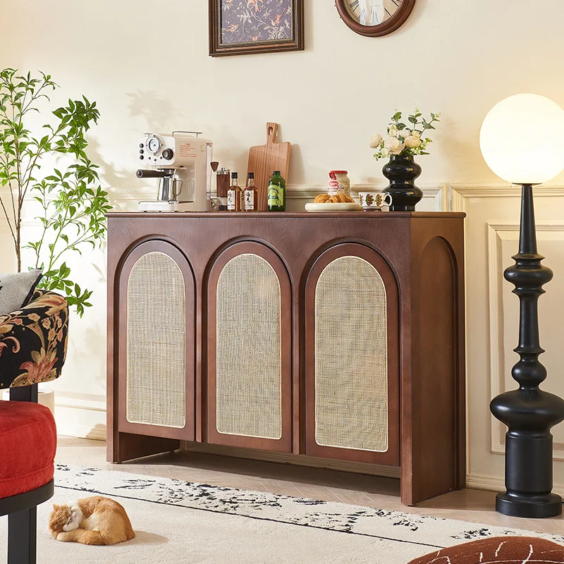 

French medieval rattan cabinet small apartment dining room side retro furniture arched door storage