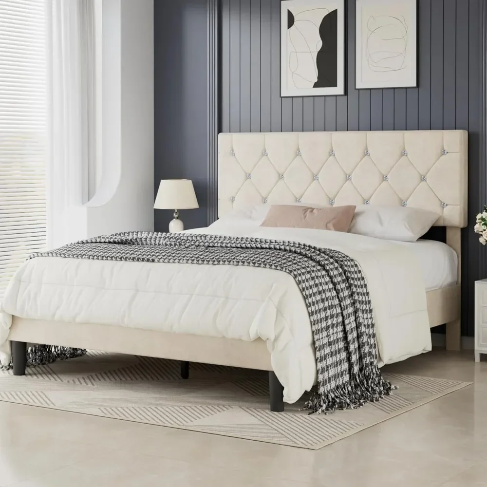 إطار سرير بحجم كوين، منصة منجدة مع لوح رأسي معنقدة ماسي قابل للتعديل، دعم شريحة خشبية، لا حاجة إلى صندوق زنبركي