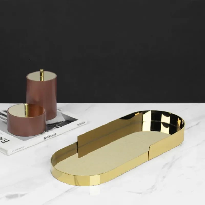 Modern light luxury gold gun color metal mirror round tray model room living room desktop storage decorative coffee table