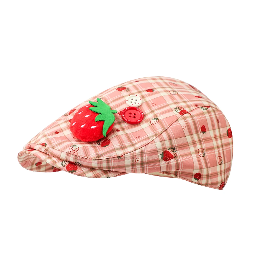 Striped strawberry print button decoration forward baseball cap - Japanese countryside style for commuting and traveling