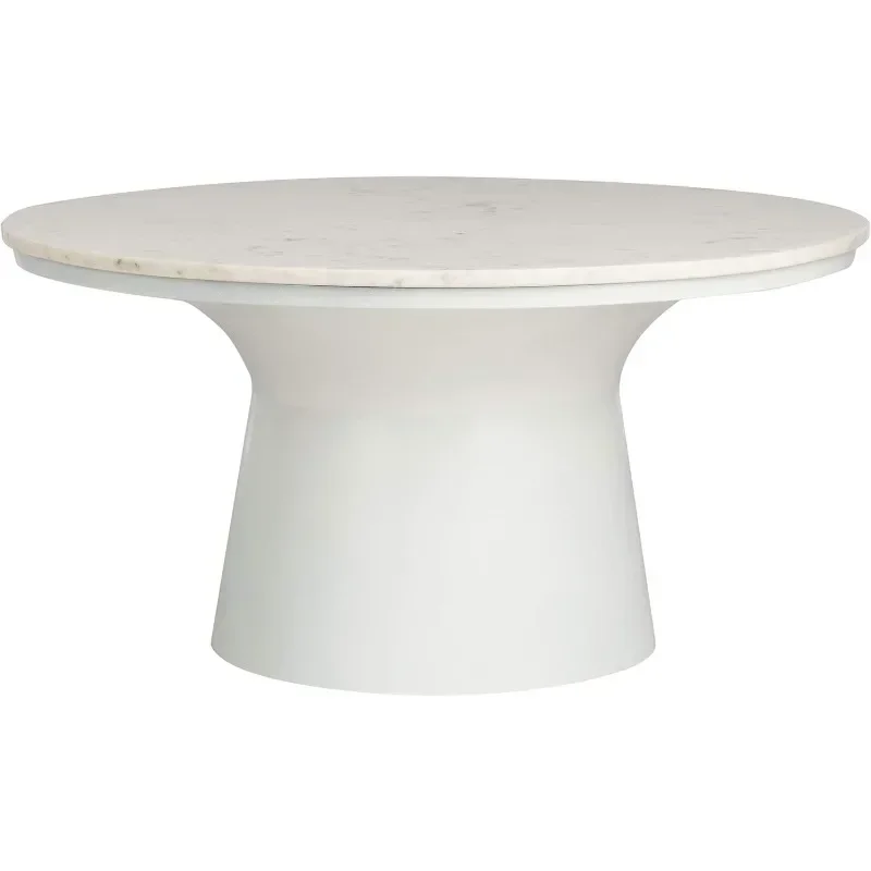 Home Mila White Marble and White Pedestal Round Coffee Table Coffee Table