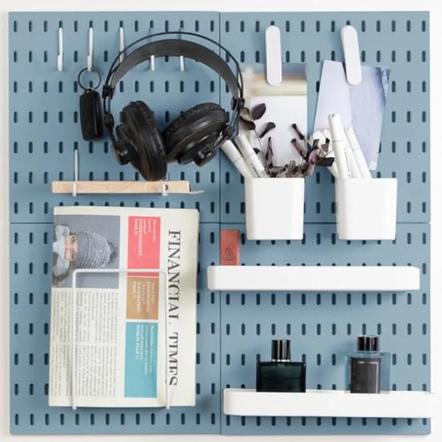 

Набор для хранения настенных органайзеров: 4 перфорированных панели и 14 аксессуаров для подвешивания на стены