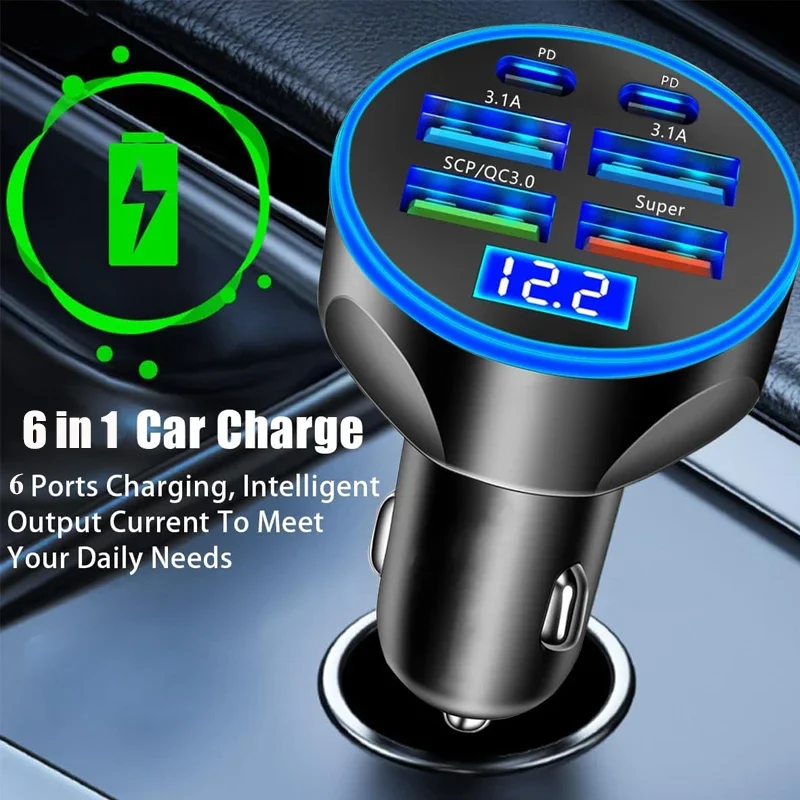 6 in 1 USB C Car Charger Adapter with Voltage Monitor Fast Charging in Car for iPhone Samsung Vivo OPPO Oneplus Mobile Phones 