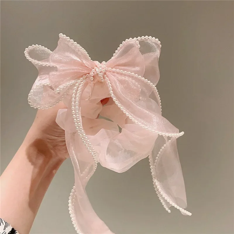 NEW Sweet Pearl Bow Organza Streamers Hair Scrunchies Soft Gauze Ponytail Elastic Hair Rope Women Girls Hair Accessories