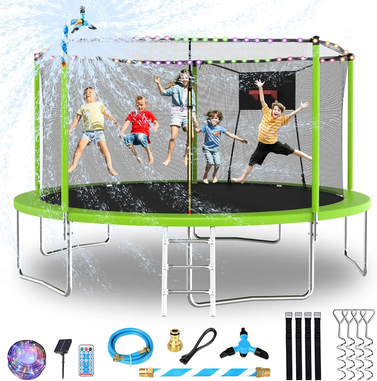 Trampoline for Kids and Adults, Large Outdoor Trampoline with Stakes, Light, Sprinkler, Backyard Trampoline with B