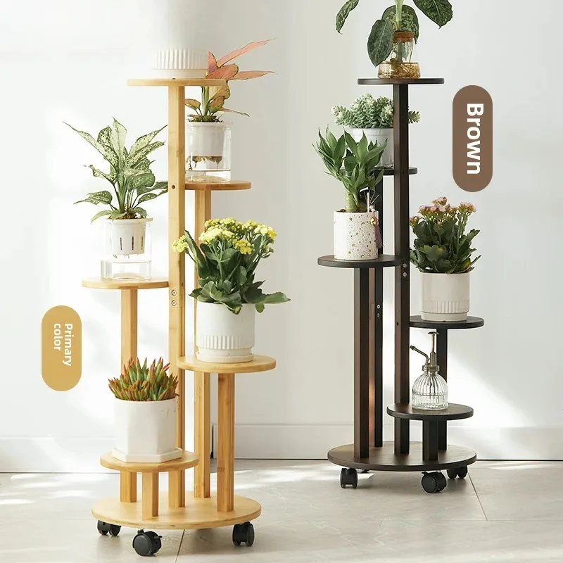 Bamboo Plant Stand with Wheels Multi-Tier Flower Shelf Sturdy Storage Rack for Succulents Herbs Green Plants Modern Living Room