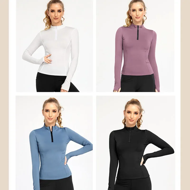 Aiithuug Long Sleeve Yoga Shirt with Half Zip Slim Waist Line Sports Shirts Fashion Half Zipper Thumb Hole Soft Light Gym Tops