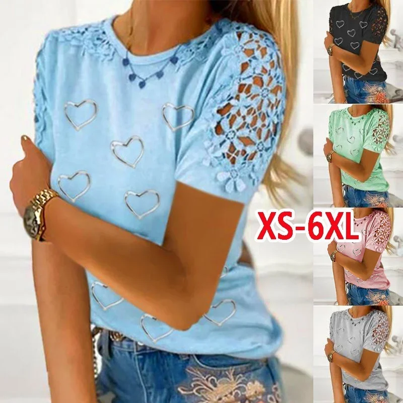 T-shirt casual larghe alla moda da donna Manica corta Stampa a cuore Girocollo Top scavati in pizzo primaverile e autunnale