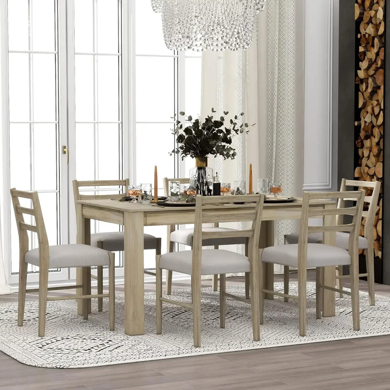 

7 Pieces Wooden Dining Table Set Rectangle Extendable Table with 12” Leaf and 2 Drawers, 6 Dining Chairs with Soft Cushion