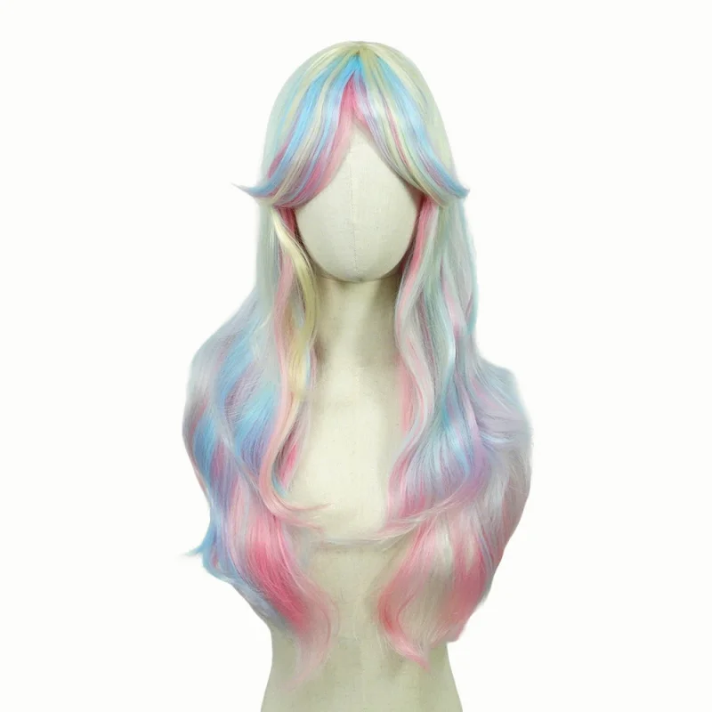 Anime, Europese en Amerikaanse stijl damespruik, met gekleurd, middellang, krullend synthetisch haar.