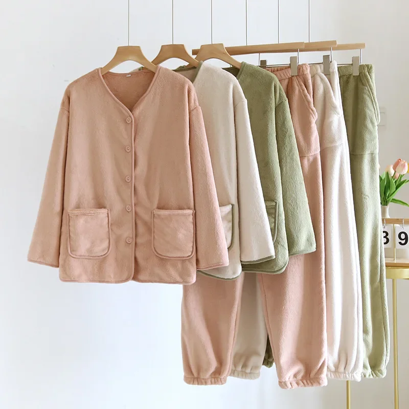 2024-new-autumn-winter-vintage-pajamas-women-winter-velvet-thickened-outerwear-home-clothing-long-sleeved-pants-set