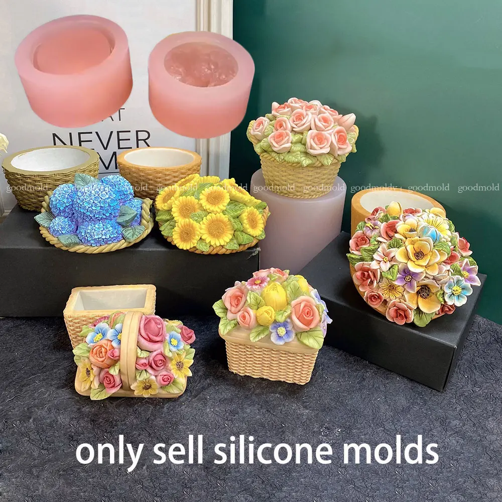 Sunflower Hydrangea Jewelry Storage Box Plaster Mold DIY Rose Flower Basket Candle Resin Silicone Mold Handmade Mold Gift - view 3
