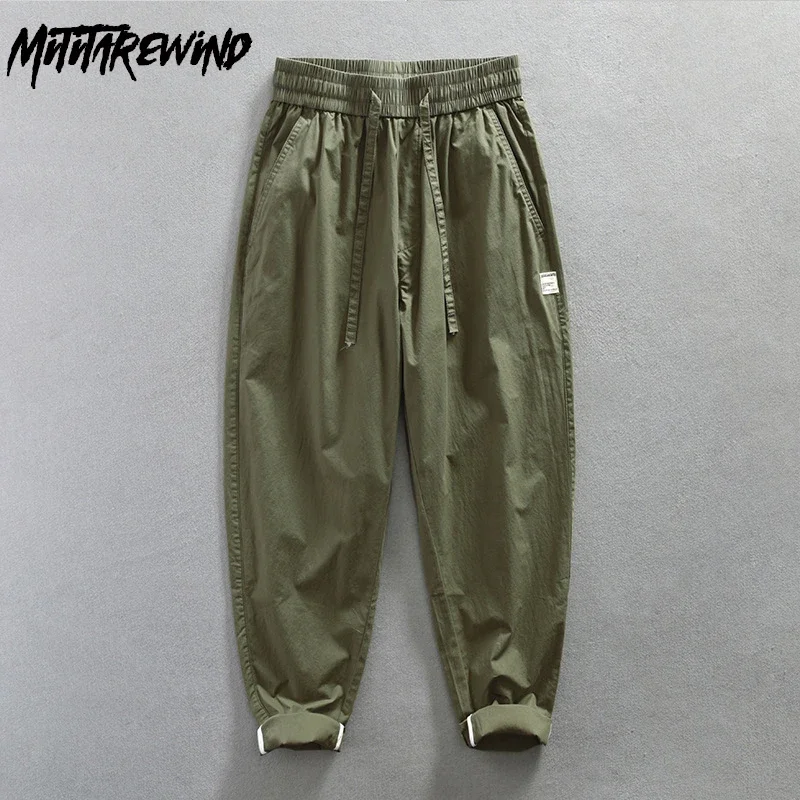 

Japanese Cargo Pants Man Fashion Streetwear Casual Green Pant Man Drawstring Elastic Waist Trousers Pure Cotton Soft Baggy Pants