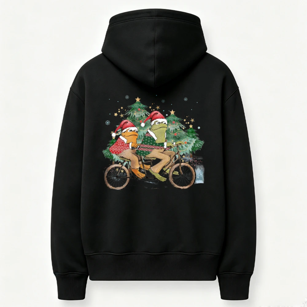 Christmas Frog Bicycle Graphic Sweatshirt Cute Santa Hat Frog Xmas Tree Print Long Sleeve Fall Winter Holiday Casual Hooded Tops