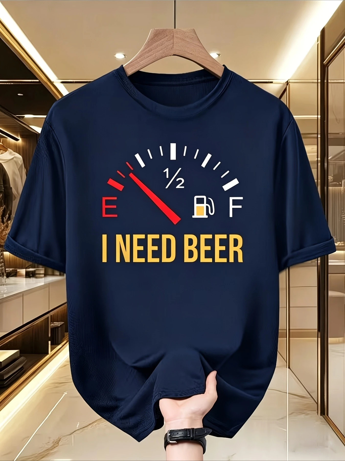 Oversized Cotton T-shirt I Need Beer Fuel Gauge Graphic Men Funny Summer Casual Navy Tee