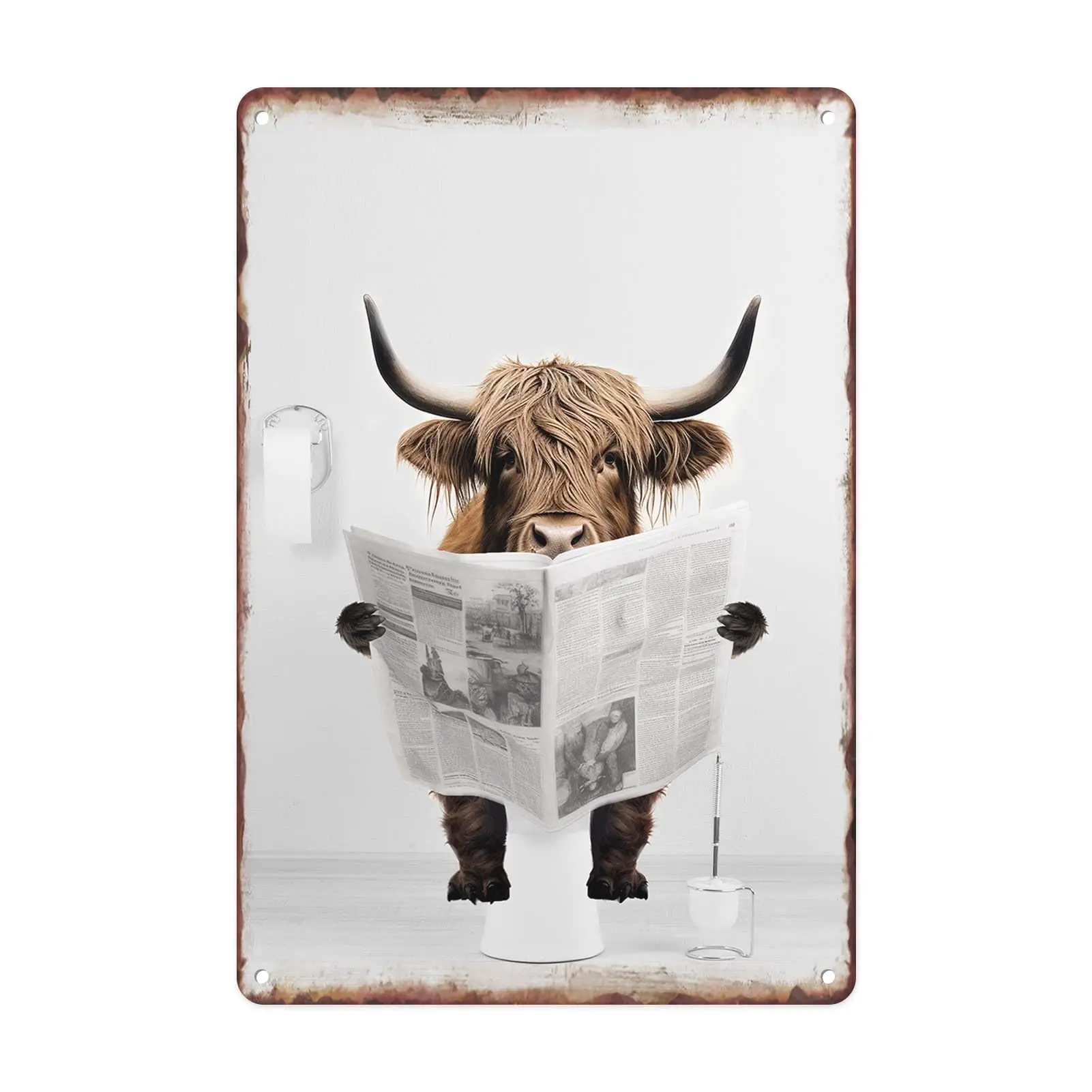 Britimes Highland Cattle Sitting on the Toilet Reading Newspaper Vintage Metal Tin Signs, Funny Sign for Home, Bathroom, Toilet 