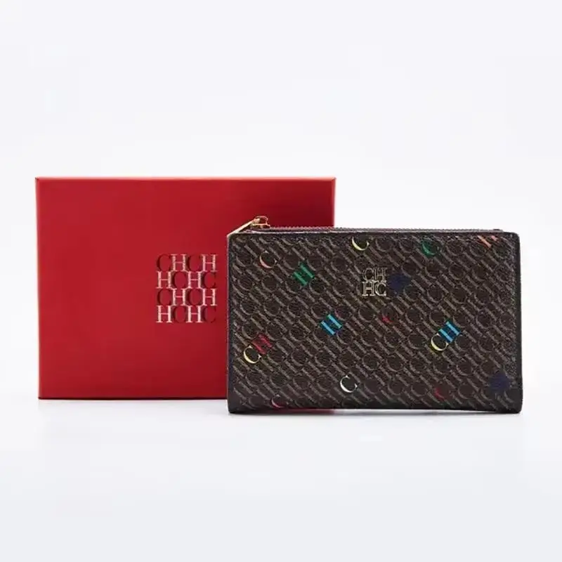 CH Womens Cartoon Bear Pattern Short Wallet Gold Logo Zipper Pocket Compact Design Multi Card Slots Daily Use Gift Box Purse