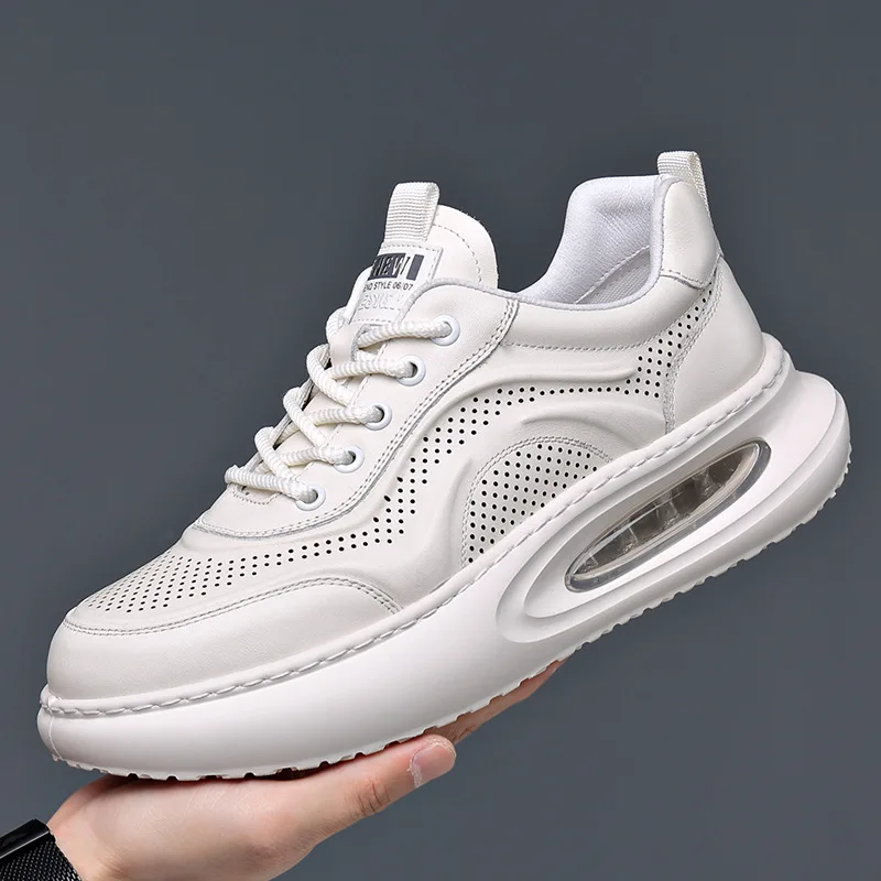 

Summer Genuine Leather Hallow White Sneakers for Men Fashion Casual Air Cushion Platform Shoes Male Lace Designer Shoes Man