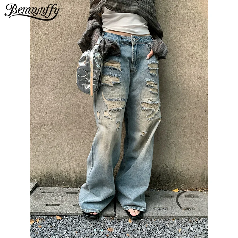 

Benuynffy Fashion Y2k Vintage Low Rise Ripped Jeans Women 2026 Spring New Streetwear Bf Style Loose Straight Wide Leg Trousers