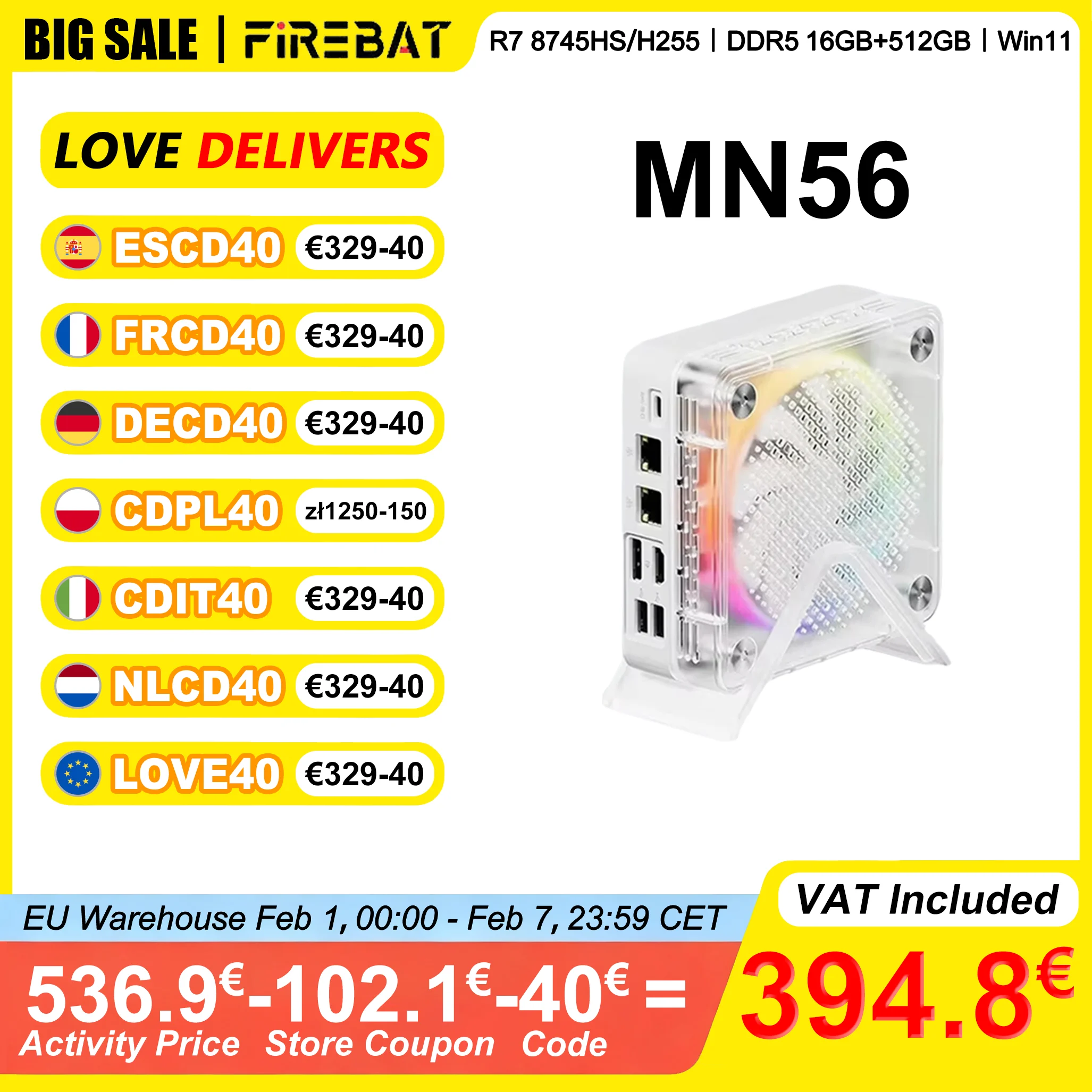 Firebat Mini PC MN56 AMD R7-8745HS H 255 DDR5 5600MHz 16GB RAM 512GB SSD Windows 11 Bluetooth 5.2 WiFi6 Porty USB Type-C