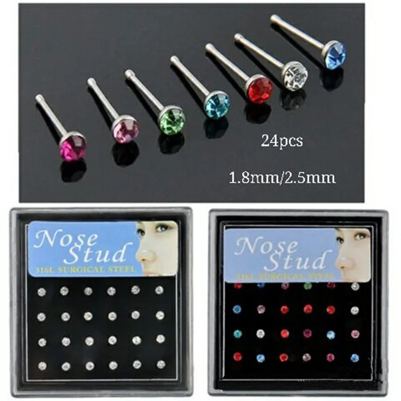 24pcs/set Fashion Crystal Stainless Steel Nose Stud Piercing Women Men 1.8mm/2.5mm Nose Ring Ear Bone Needle Studs Body Jewerly