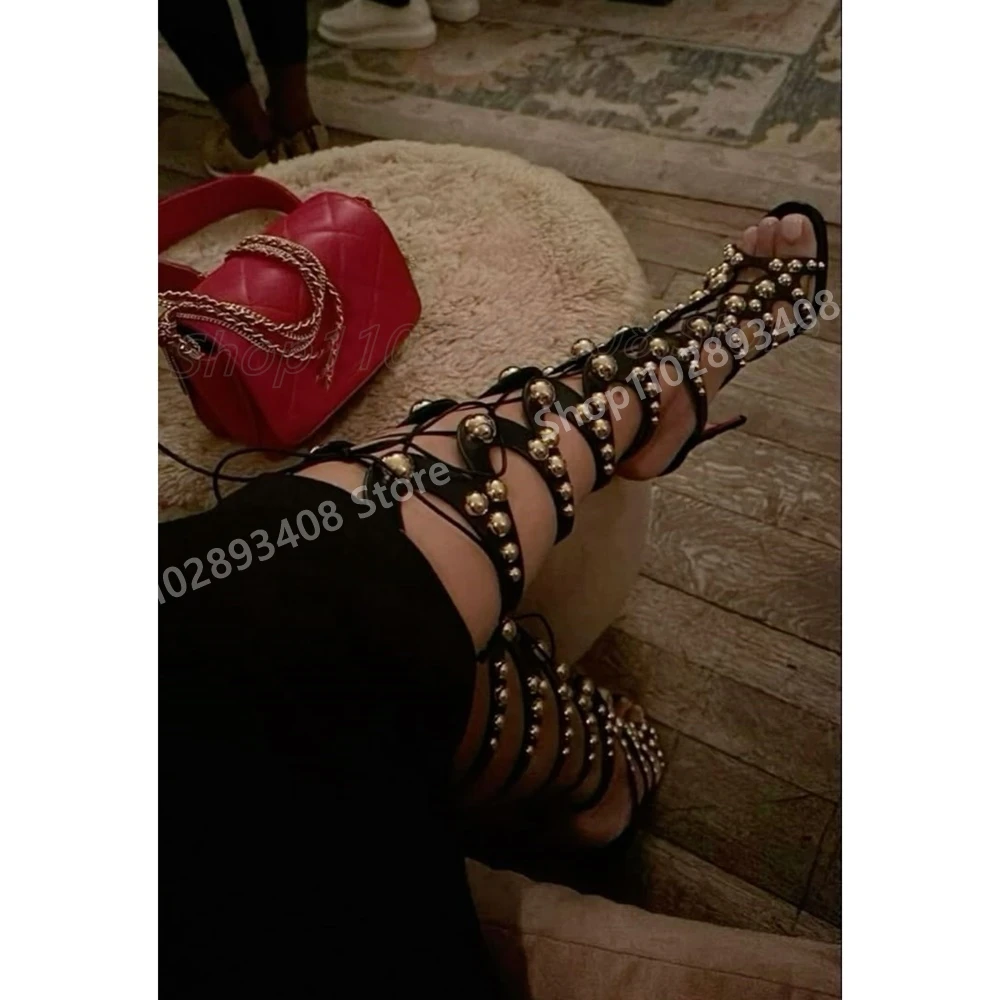 

2025 Sexy Gold Pearls Strappy Hollow Sandal Boots Hot Girls Solid Leather Stiletto High Heel Women Shoes Summer Para Mujere