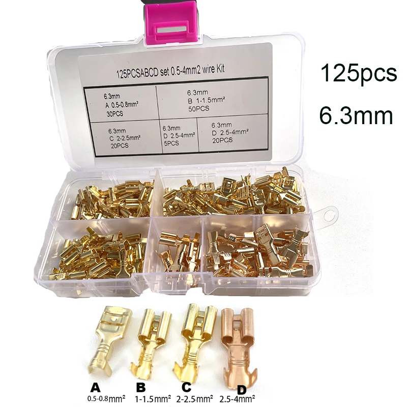 50/125/280 Pcs 0.5-4mm2 Quick Splice 6.3mm Female Wire Spade Connector 6.3 Wire Crimp Terminal Set