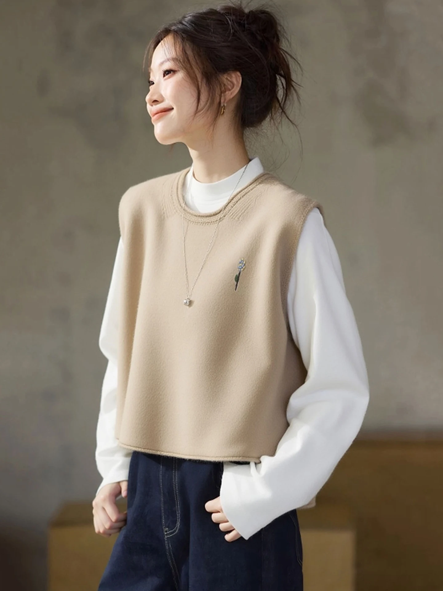 Ele Korean Sle Luźny Krój Svel Okrągły Dekolt Kamizelka Bez Rękawów Funkcja Grzania do Dojazdów do Pracy i Modna