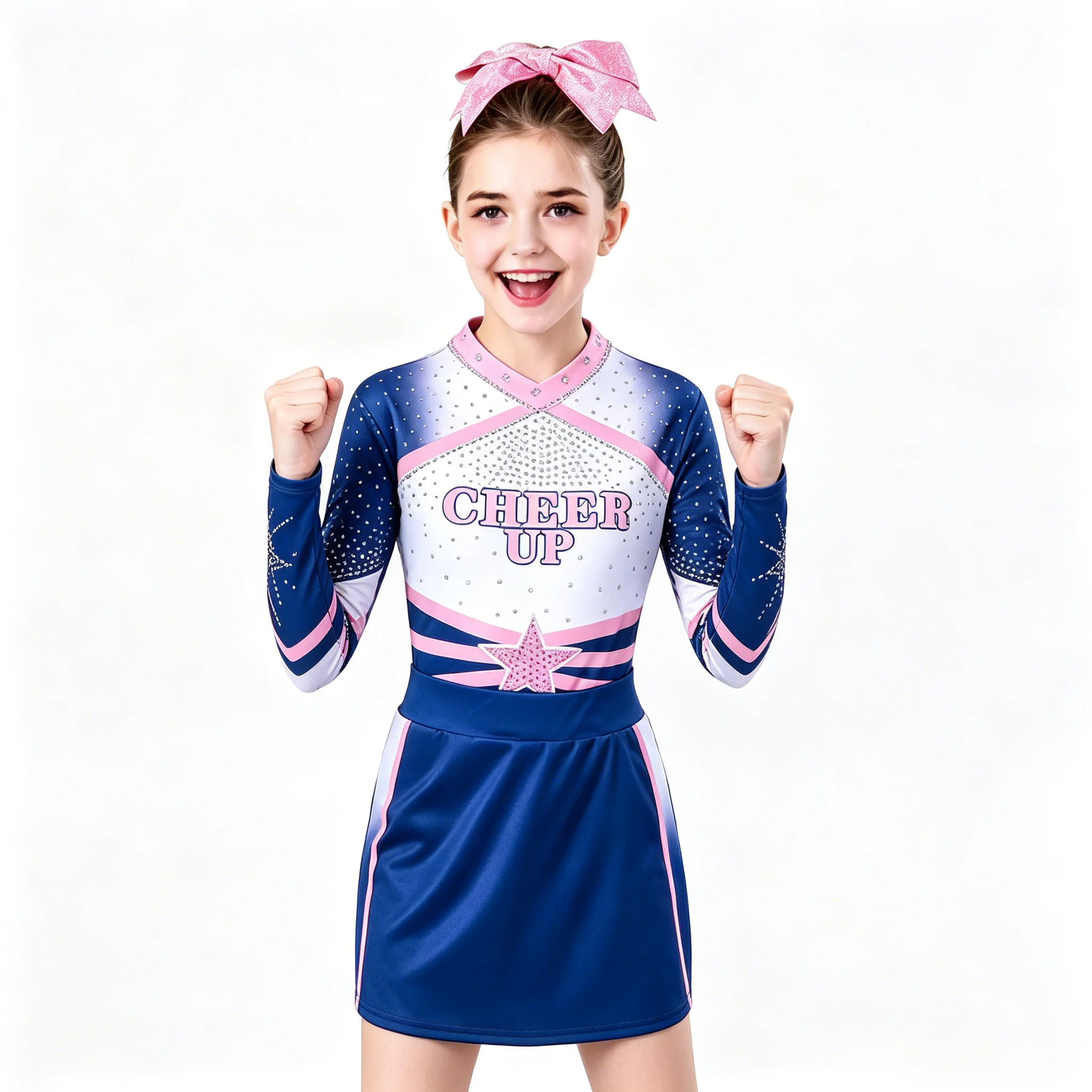 

Shiny Rhinestone Girls Cheerleading Dress Long Sleeve Cheer Up Star Design Kids Cheer Uniform Stretchy Dance Costume Competition