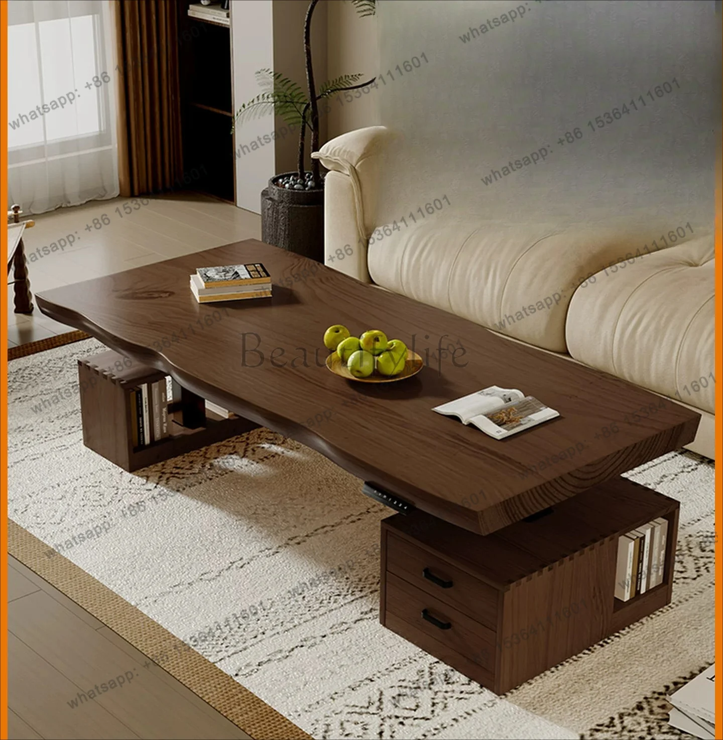 Medieval solid wood lifting coffee table becomes dining table dual-purpose with drawers electrically movable