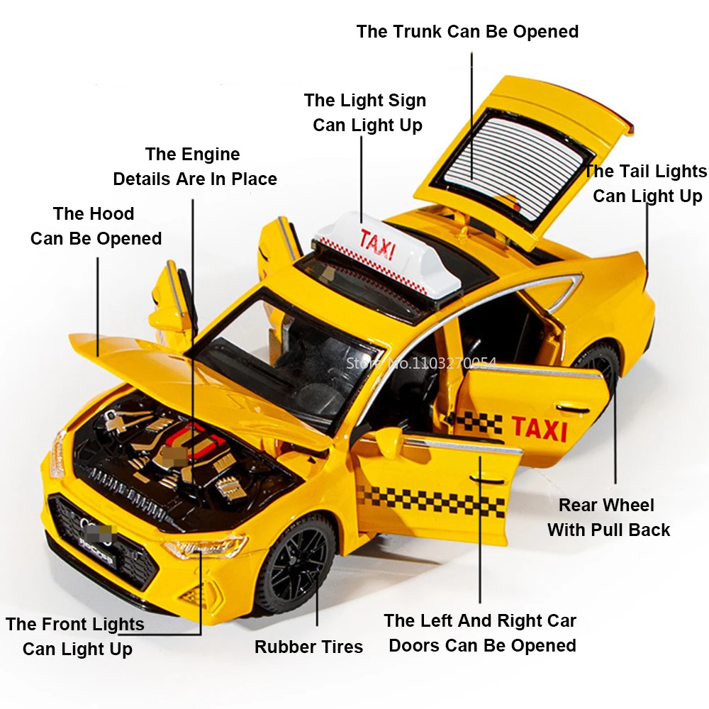 RS7 Taxi Car Model Toy para Crianças, Liga de Simulação, Corpo de Metal Diecast, Som e Luz, Função Puxar, Veículo, Ornamentos Decorativos, 1/32