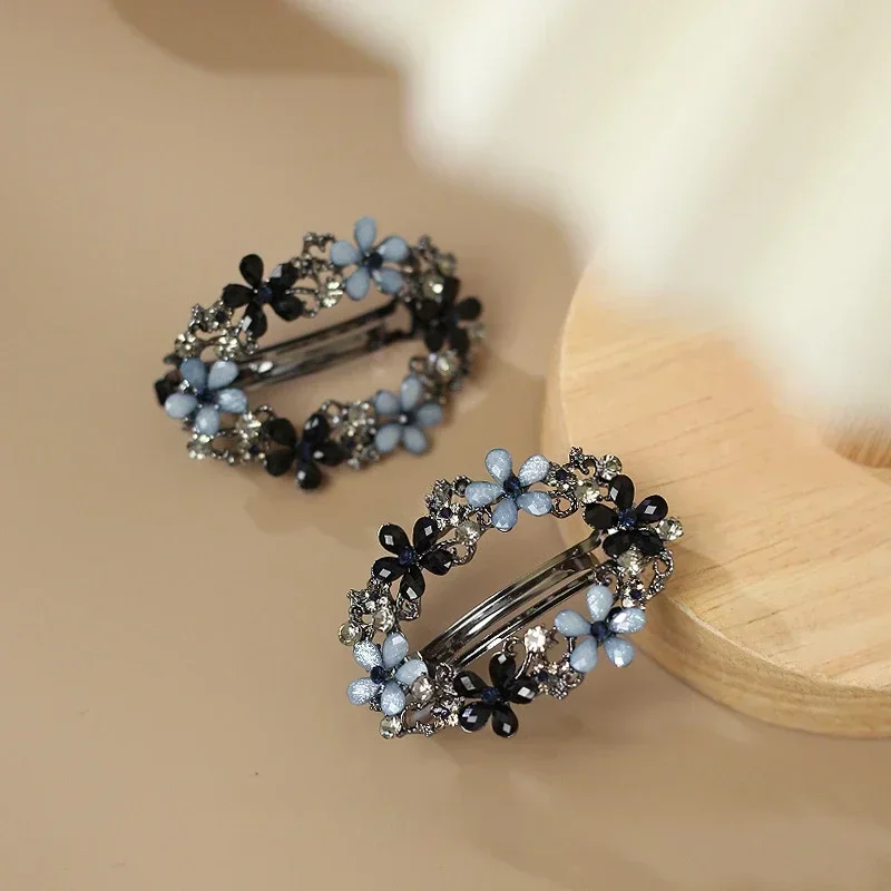 Korean Style Crystal Flower Spring Hairpin Vintage Elegant Ink Blue Rhinestone Ponytail Holder Top Clip Ladies Fashion Hairpin