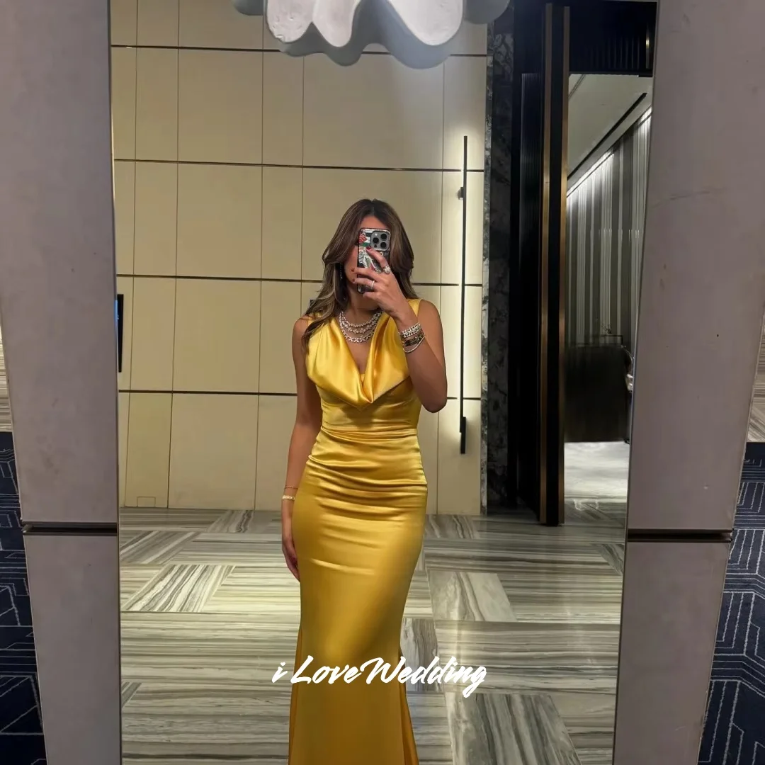 Vestidos de noche amarillos con cuello en V 2025, vestidos de fiesta de boda plisados sexys de satén sin mangas con sirena y espalda descubierta hasta el suelo personalizados