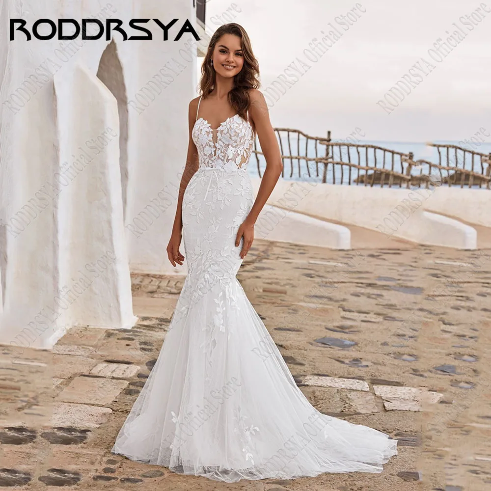 

RODDRSYA Mermaid Wedding Dress Women Sexy Deep V Neck Spaghetti Straps Bridal Gown Appliques Illusion Backless Vestidos De Novia