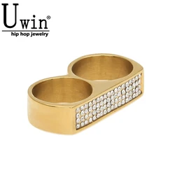 UWIN Men's Two Finger Hip Hop rings Iced Bling Rhinestone Stainless Steel Gold color Ring Fashion Party Jewelry Size 9 and 10