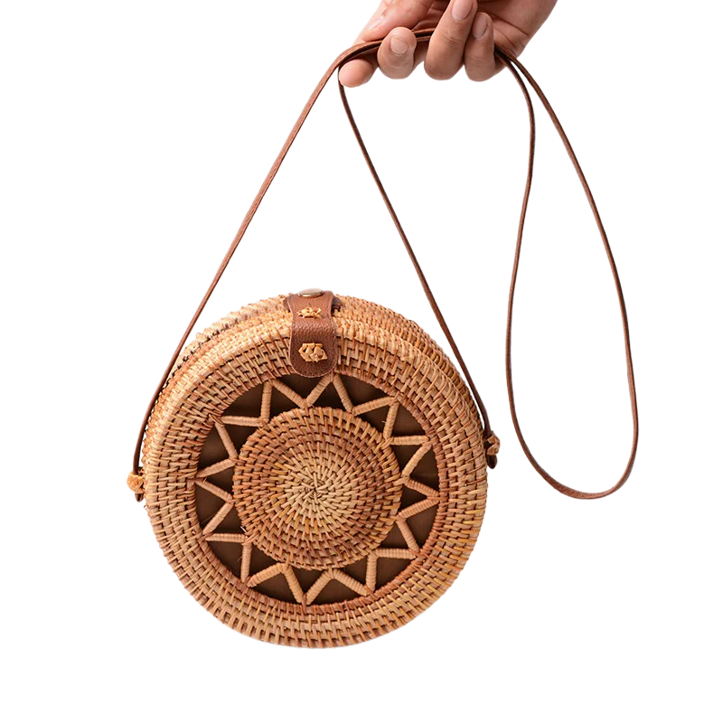 Torba rattanowa Ins ręcznie robiona rattanowa skórzana klamra damska 2024 nowa retro literacka tkana torba na ramię — zdjęcie 2