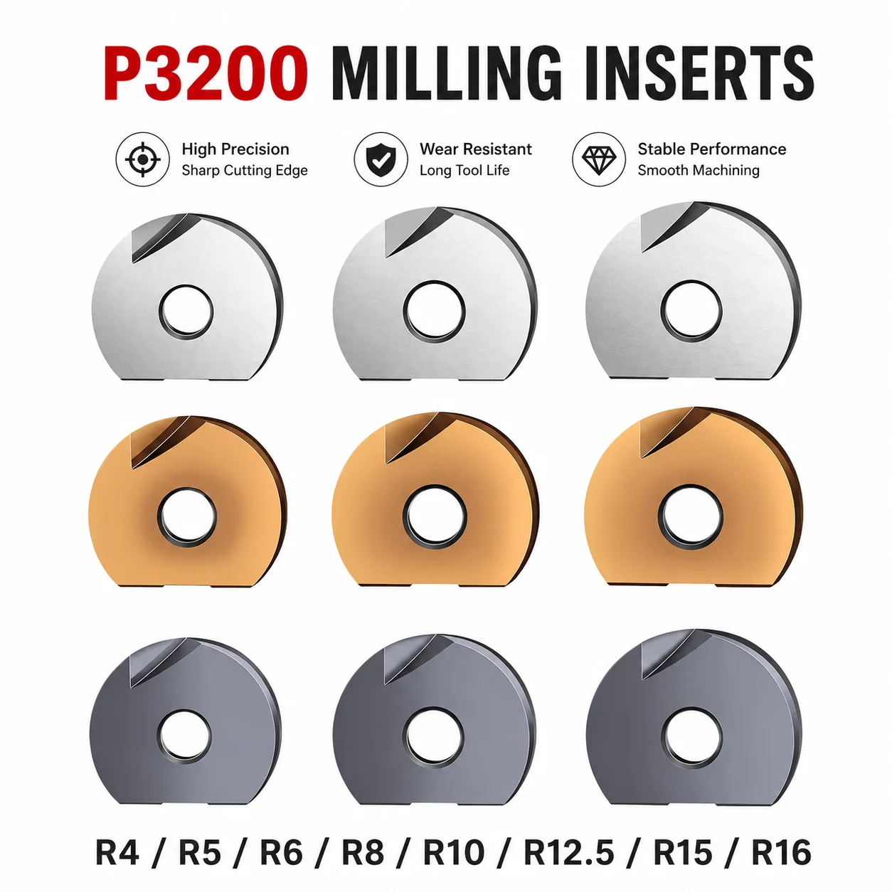10pcs High Quality P3200 Milling Inserts Ball Blade for T2139 Ball Head Insert D8 D10 D12 D16 D20 D25 R4 R8 R10 Carbide Insert