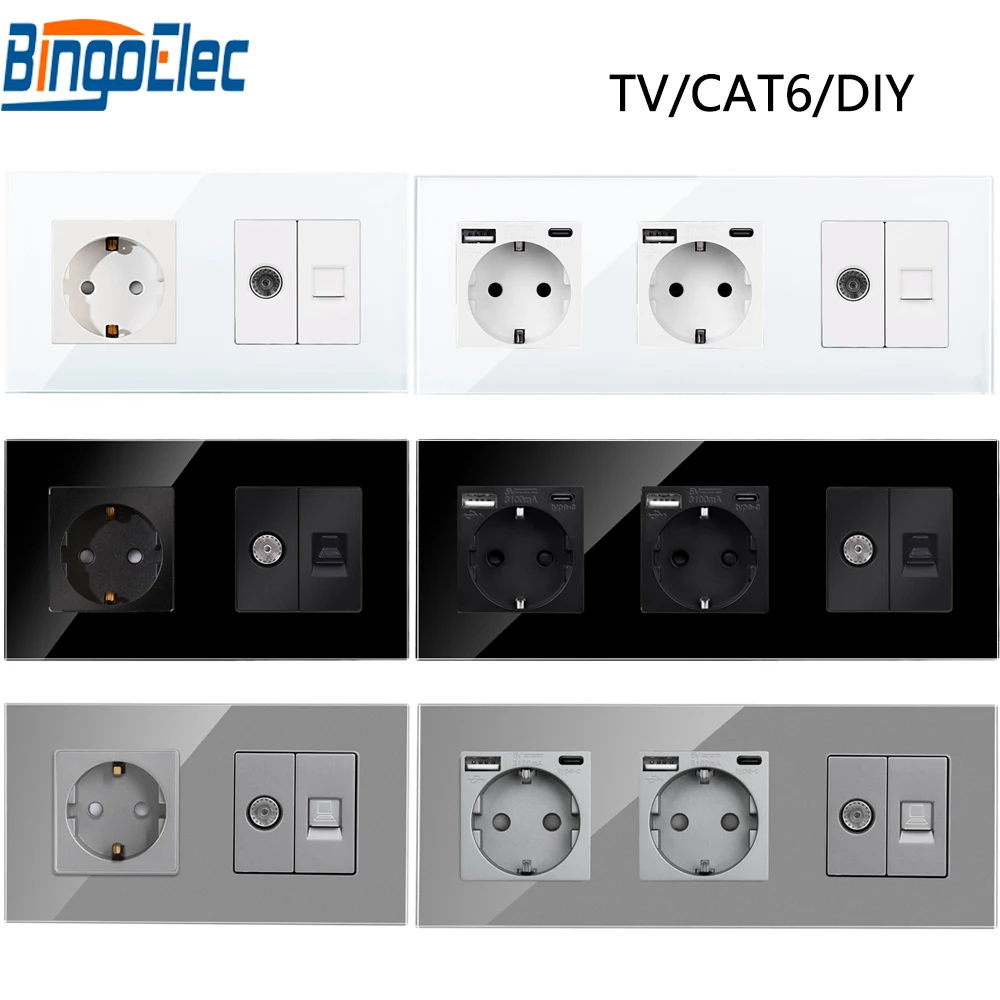 Bingoelec gniazdo EU z telewizorem/CAT6 podwójne USB typu c elektryczne gniazdka ścienne wymienny telewizor Internet RJ45 połączenia PC szklana ramka