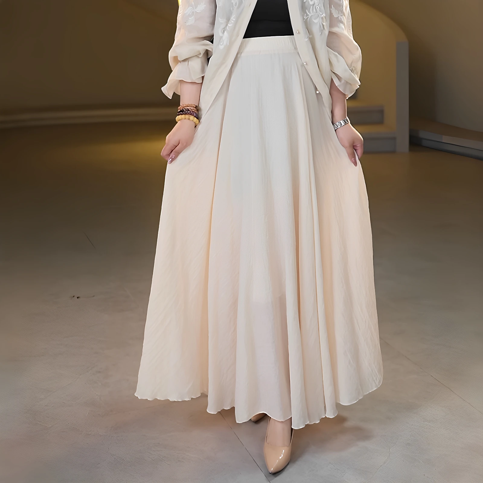 

Charmcy Luxury Waed Linen A-Line Skirt Versatile Casual High Waist Long Skirts for plus Size Women Summer Season